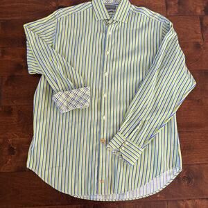 Thomas Dean L Striped Dress Shirt Green Blue Cotton Plaid Cuff Long Sleeve